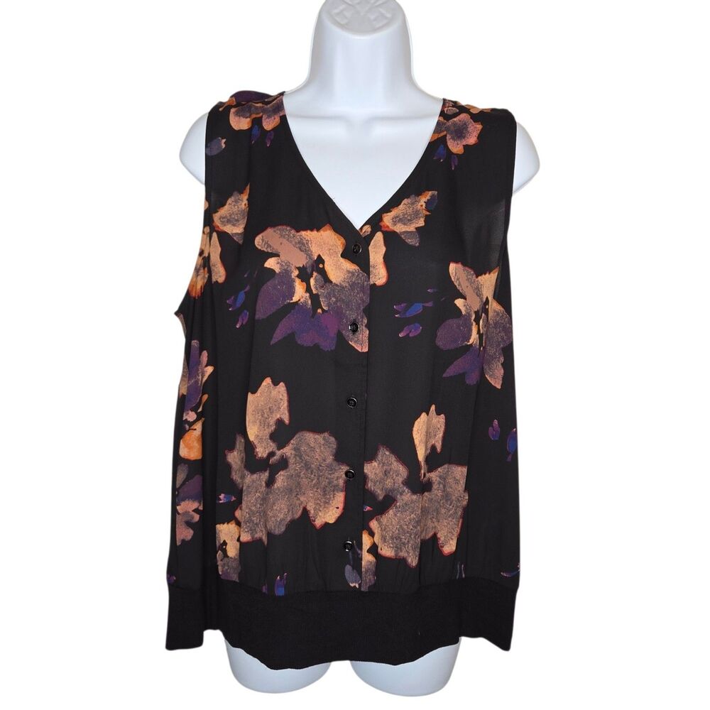 CAbi Autumn Top Floral V-Neck Button Front Sleeveless Blouse Banded Hem Large